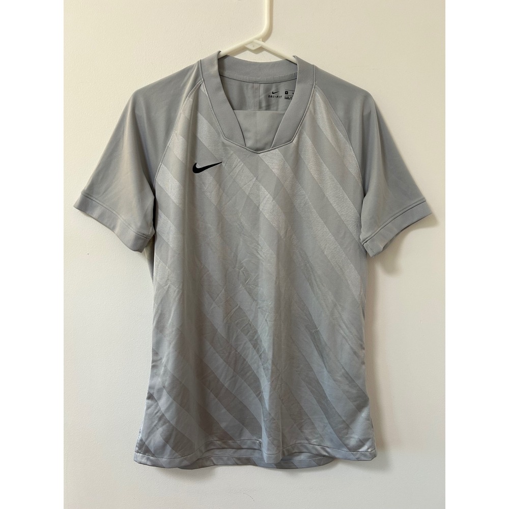 Nike Mens Dri-FIT Soccer Jersey Wolf Grey Striped Training Shirt Medium